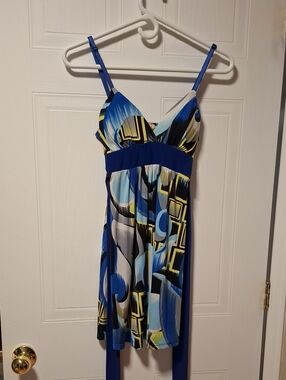Blue Abstract Print Empire-Waist Summer Dress
